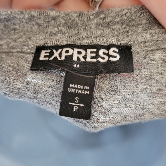 Express Womens Small Grey Short Sleeve Blouse Black Chiffon Trim Business Casual - Picture 4 of 7